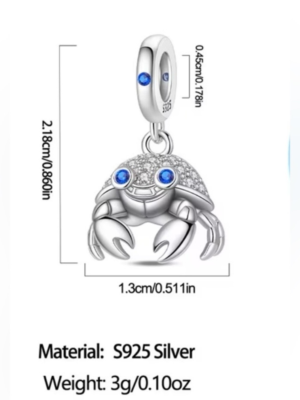 🦀 925 Sterling Silver Blue Crab Dangle Charm CZ Pavé - Picture 5 of 5